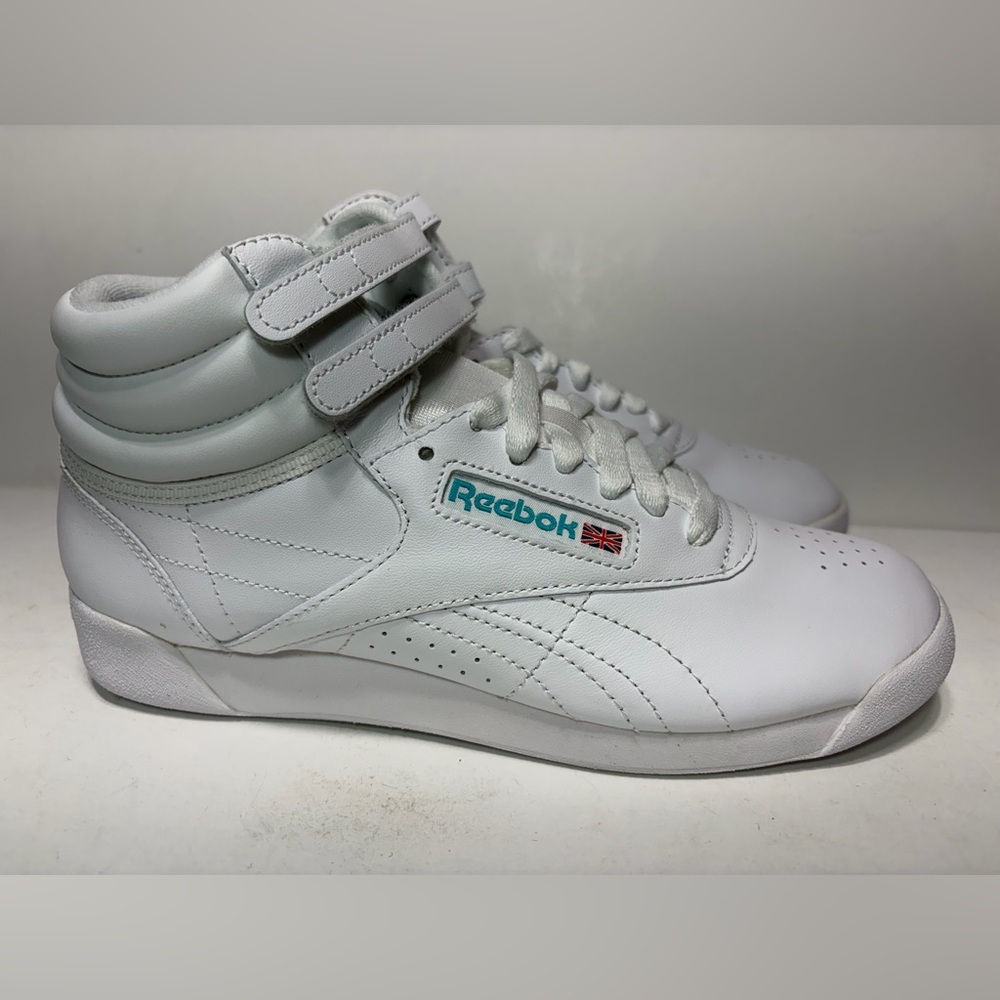 Reebok Freestyle F/S Hi Classic Women US 7.5 White/Blue Trim Sneakers - NEW